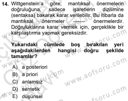 Çağdaş Felsefe 1 Dersi 2021 - 2022 Yılı (Vize) Ara Sınav Soruları 14. Soru
