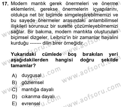 Çağdaş Felsefe 1 Dersi 2021 - 2022 Yılı (Vize) Ara Sınav Soruları 17. Soru