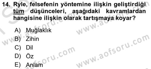 Çağdaş Felsefe 1 Dersi 2021 - 2022 Yılı (Final) Dönem Sonu Sınavı 14. Soru