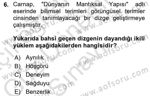 Çağdaş Felsefe 1 Dersi 2021 - 2022 Yılı (Final) Dönem Sonu Sınavı 6. Soru