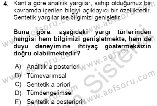 Çağdaş Felsefe 1 Dersi 2023 - 2024 Yılı (Vize) Ara Sınav Soruları 4. Soru