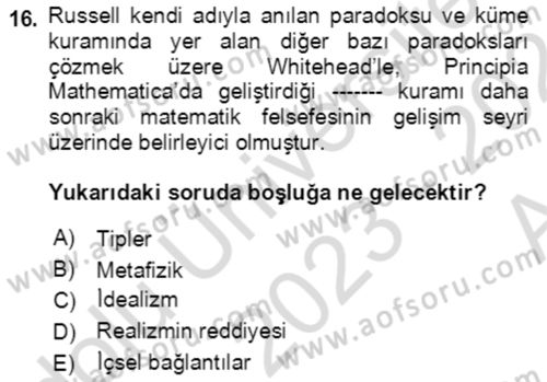 Çağdaş Felsefe 1 Dersi 2024 - 2025 Yılı (Vize) Ara Sınav Soruları 16. Soru
