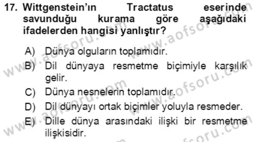 Çağdaş Felsefe 1 Dersi 2024 - 2025 Yılı (Vize) Ara Sınav Soruları 17. Soru