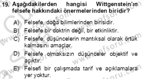 Çağdaş Felsefe 1 Dersi 2024 - 2025 Yılı (Vize) Ara Sınav Soruları 19. Soru