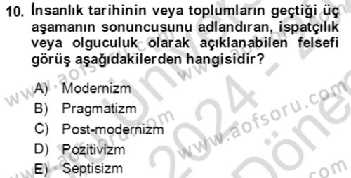 Çağdaş Felsefe 1 Dersi 2024 - 2025 Yılı (Final) Dönem Sonu Sınav Soruları 10. Soru