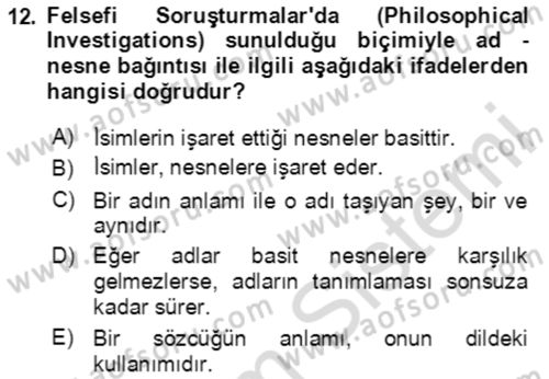 Çağdaş Felsefe 1 Dersi 2024 - 2025 Yılı (Final) Dönem Sonu Sınav Soruları 12. Soru