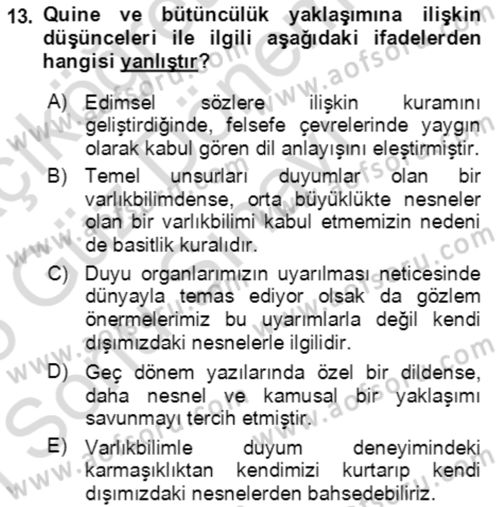 Çağdaş Felsefe 1 Dersi 2024 - 2025 Yılı (Final) Dönem Sonu Sınav Soruları 13. Soru