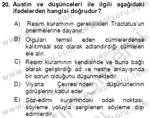 Çağdaş Felsefe 1 Dersi 2024 - 2025 Yılı (Final) Dönem Sonu Sınav Soruları 20. Soru