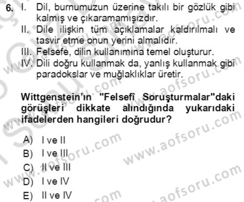 Çağdaş Felsefe 1 Dersi 2024 - 2025 Yılı (Final) Dönem Sonu Sınav Soruları 6. Soru
