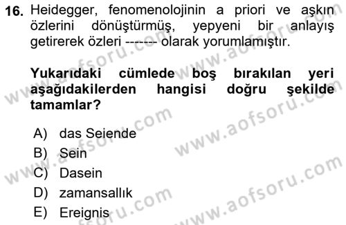 Çağdaş Felsefe 2 Dersi 2018 - 2019 Yılı (Vize) Ara Sınav Soruları 16. Soru
