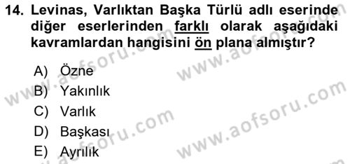 Çağdaş Felsefe 2 Dersi 2020 - 2021 Yılı Yaz Okulu Sınavı 14. Soru