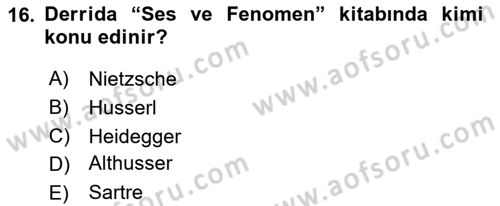 Çağdaş Felsefe 2 Dersi 2020 - 2021 Yılı Yaz Okulu Sınavı 16. Soru