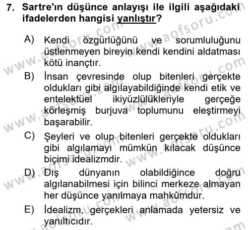 Çağdaş Felsefe 2 Dersi 2020 - 2021 Yılı Yaz Okulu Sınavı 7. Soru