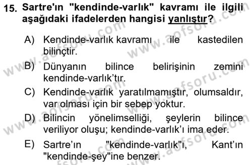 Çağdaş Felsefe 2 Dersi 2021 - 2022 Yılı (Vize) Ara Sınav Soruları 15. Soru