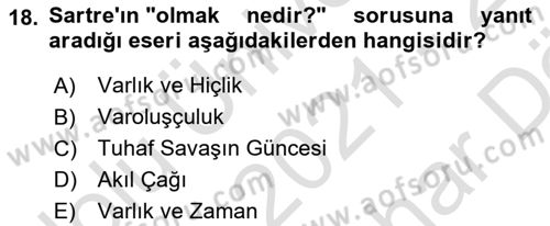 Çağdaş Felsefe 2 Dersi 2021 - 2022 Yılı (Vize) Ara Sınavı 18. Soru