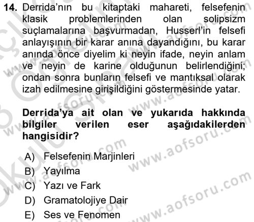 Çağdaş Felsefe 2 Dersi 2022 - 2023 Yılı Yaz Okulu Sınav Soruları 14. Soru