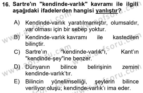 Çağdaş Felsefe 2 Dersi 2022 - 2023 Yılı Yaz Okulu Sınav Soruları 16. Soru