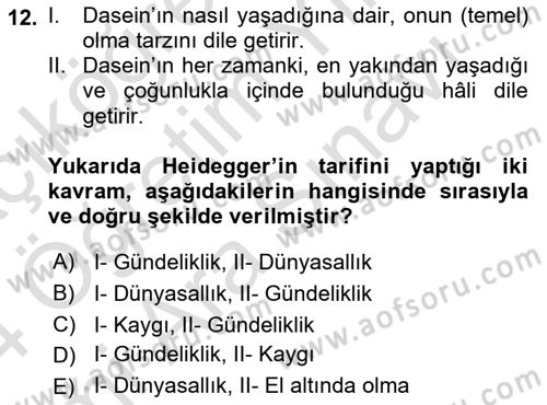 Çağdaş Felsefe 2 Dersi 2023 - 2024 Yılı (Vize) Ara Sınav Soruları 12. Soru