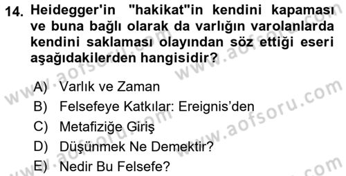 Çağdaş Felsefe 2 Dersi 2023 - 2024 Yılı (Vize) Ara Sınav Soruları 14. Soru