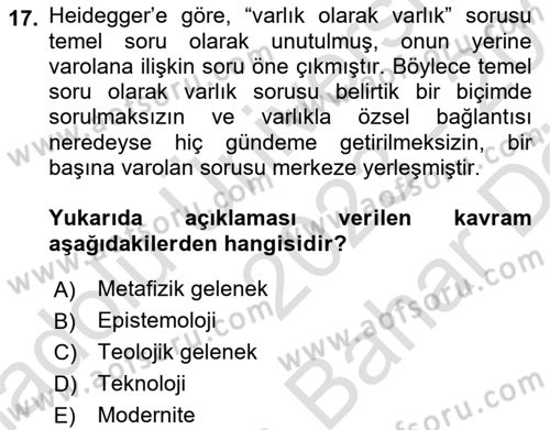 Çağdaş Felsefe 2 Dersi 2023 - 2024 Yılı (Vize) Ara Sınav Soruları 17. Soru