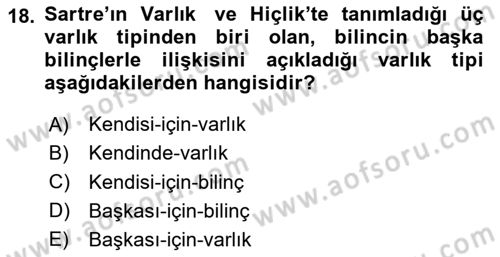 Çağdaş Felsefe 2 Dersi 2023 - 2024 Yılı (Vize) Ara Sınav Soruları 18. Soru