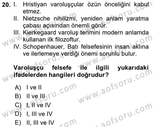 Çağdaş Felsefe 2 Dersi 2023 - 2024 Yılı (Vize) Ara Sınav Soruları 20. Soru