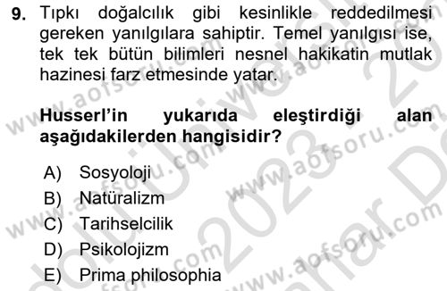 Çağdaş Felsefe 2 Dersi 2023 - 2024 Yılı (Vize) Ara Sınav Soruları 9. Soru