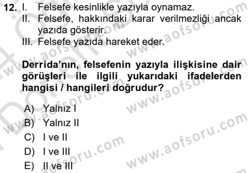 Çağdaş Felsefe 2 Dersi 2023 - 2024 Yılı (Final) Dönem Sonu Sınav Soruları 12. Soru