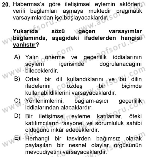 Çağdaş Felsefe 2 Dersi 2023 - 2024 Yılı (Final) Dönem Sonu Sınav Soruları 20. Soru