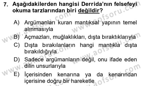 Çağdaş Felsefe 2 Dersi 2023 - 2024 Yılı (Final) Dönem Sonu Sınav Soruları 7. Soru