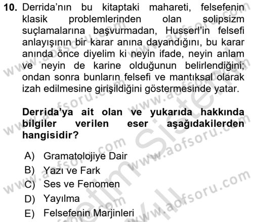 Çağdaş Felsefe 2 Dersi 2023 - 2024 Yılı Yaz Okulu Sınav Soruları 10. Soru