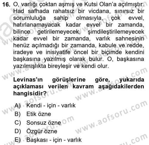 Çağdaş Felsefe 2 Dersi 2023 - 2024 Yılı Yaz Okulu Sınav Soruları 16. Soru