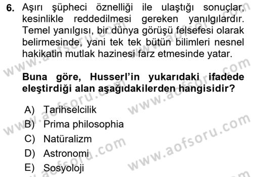 Çağdaş Felsefe 2 Dersi 2023 - 2024 Yılı Yaz Okulu Sınav Soruları 6. Soru