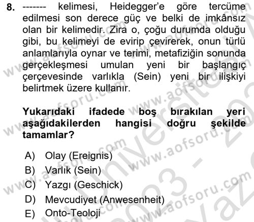 Çağdaş Felsefe 2 Dersi 2023 - 2024 Yılı Yaz Okulu Sınav Soruları 8. Soru