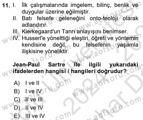 Çağdaş Felsefe 2 Dersi 2024 - 2025 Yılı (Vize) Ara Sınav Soruları 11. Soru