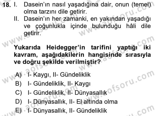 Çağdaş Felsefe 2 Dersi 2024 - 2025 Yılı (Vize) Ara Sınav Soruları 18. Soru