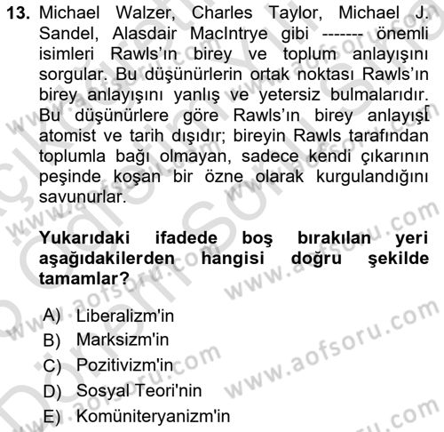 Çağdaş Felsefe 2 Dersi 2024 - 2025 Yılı (Final) Dönem Sonu Sınav Soruları 13. Soru