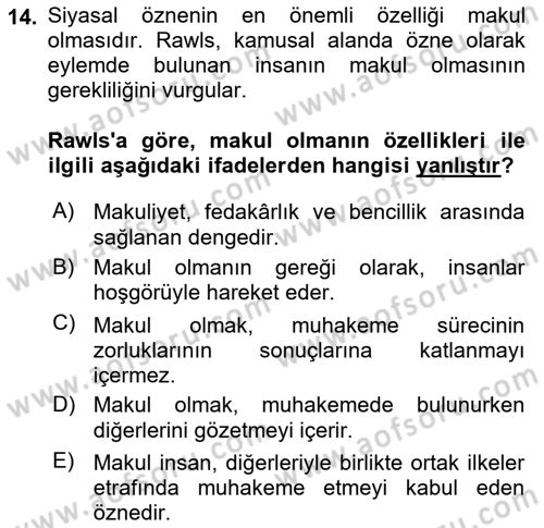 Çağdaş Felsefe 2 Dersi 2024 - 2025 Yılı (Final) Dönem Sonu Sınav Soruları 14. Soru