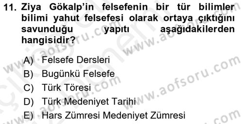 Türkiye´de Felsefenin Gelişimi 1 Dersi Ara Sınavı Deneme Sınav Soruları 11. Soru