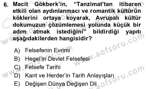 Türkiye´de Felsefenin Gelişimi 1 Dersi 2018 - 2019 Yılı (Final) Dönem Sonu Sınav Soruları 6. Soru