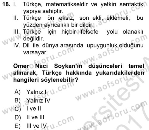 Türkiye´de Felsefenin Gelişimi 2 Dersi 2016 - 2017 Yılı (Final) Dönem Sonu Sınavı 18. Soru