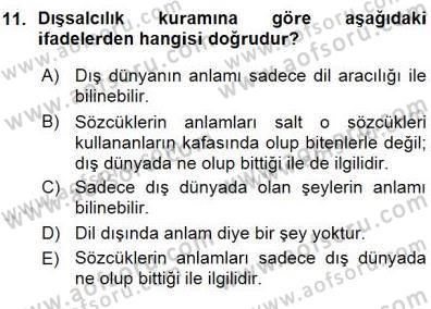 Dil Felsefesi Dersi Ara Sınavı Deneme Sınav Soruları 11. Soru