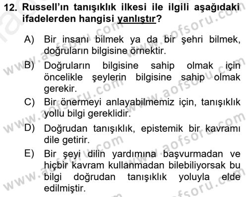 Dil Felsefesi Dersi 2016 - 2017 Yılı (Final) Dönem Sonu Sınav Soruları 12. Soru