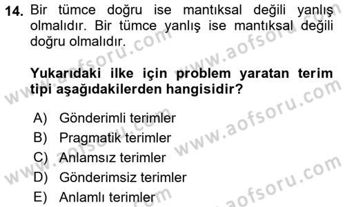 Dil Felsefesi Dersi 2017 - 2018 Yılı 3 Ders Sınav Soruları 14. Soru