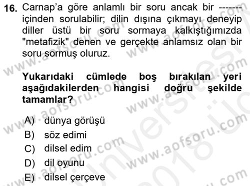 Dil Felsefesi Dersi 2017 - 2018 Yılı 3 Ders Sınav Soruları 16. Soru
