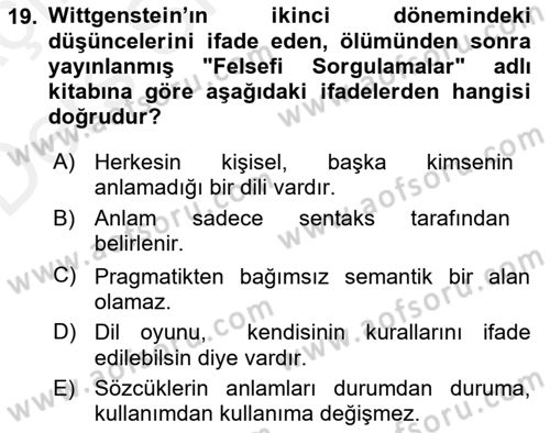 Dil Felsefesi Dersi 2017 - 2018 Yılı 3 Ders Sınav Soruları 19. Soru