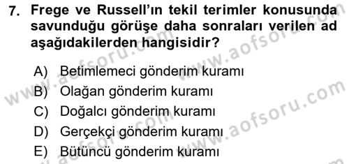 Dil Felsefesi Dersi 2017 - 2018 Yılı 3 Ders Sınav Soruları 7. Soru