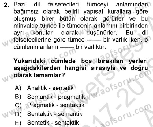 Dil Felsefesi Dersi Ara Sınavı Deneme Sınav Soruları 2. Soru