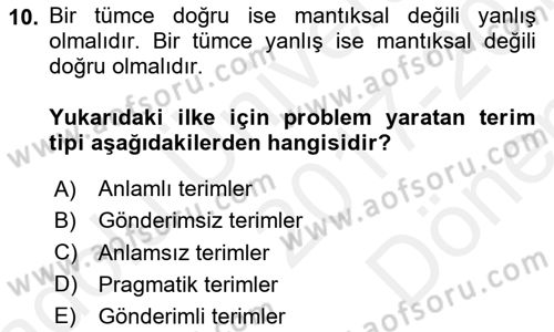 Dil Felsefesi Dersi 2017 - 2018 Yılı (Final) Dönem Sonu Sınav Soruları 10. Soru