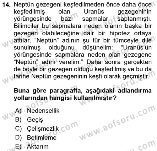 Dil Felsefesi Dersi 2017 - 2018 Yılı (Final) Dönem Sonu Sınav Soruları 14. Soru